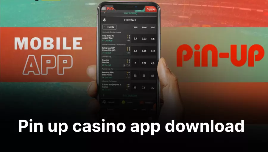 A smartphone displaying the Pin-Up casino app interface for sports betting, with the text Mobile App and Pin-Up in large letters. The background is a colorful gradient, and the overlaid text says Pin up casino app download.